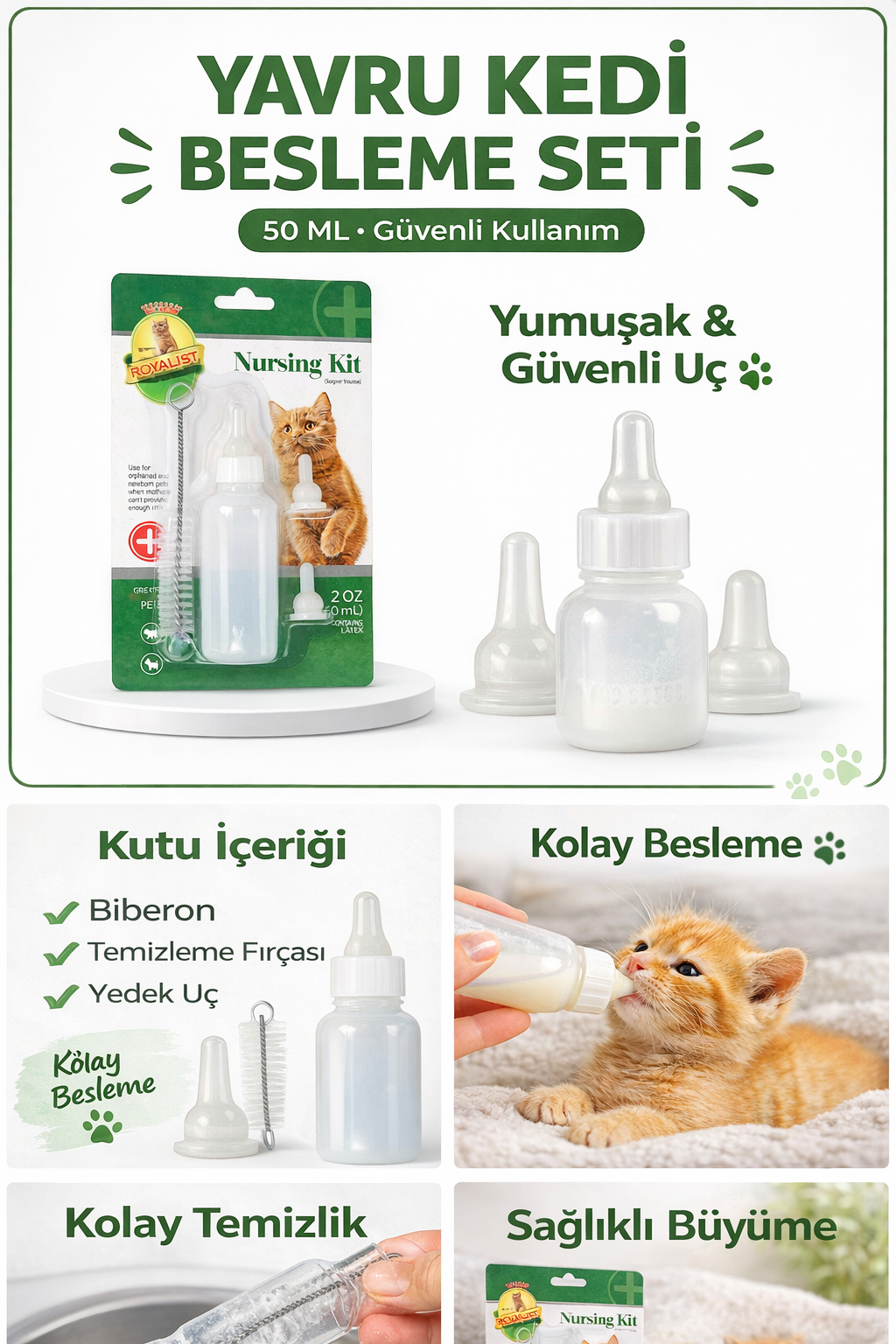 Yavru Kedi & Köpek Besleme Seti 50 ML – Kolay ve Güvenli Besleme (Biberon + Fırça + Yedek Uç)