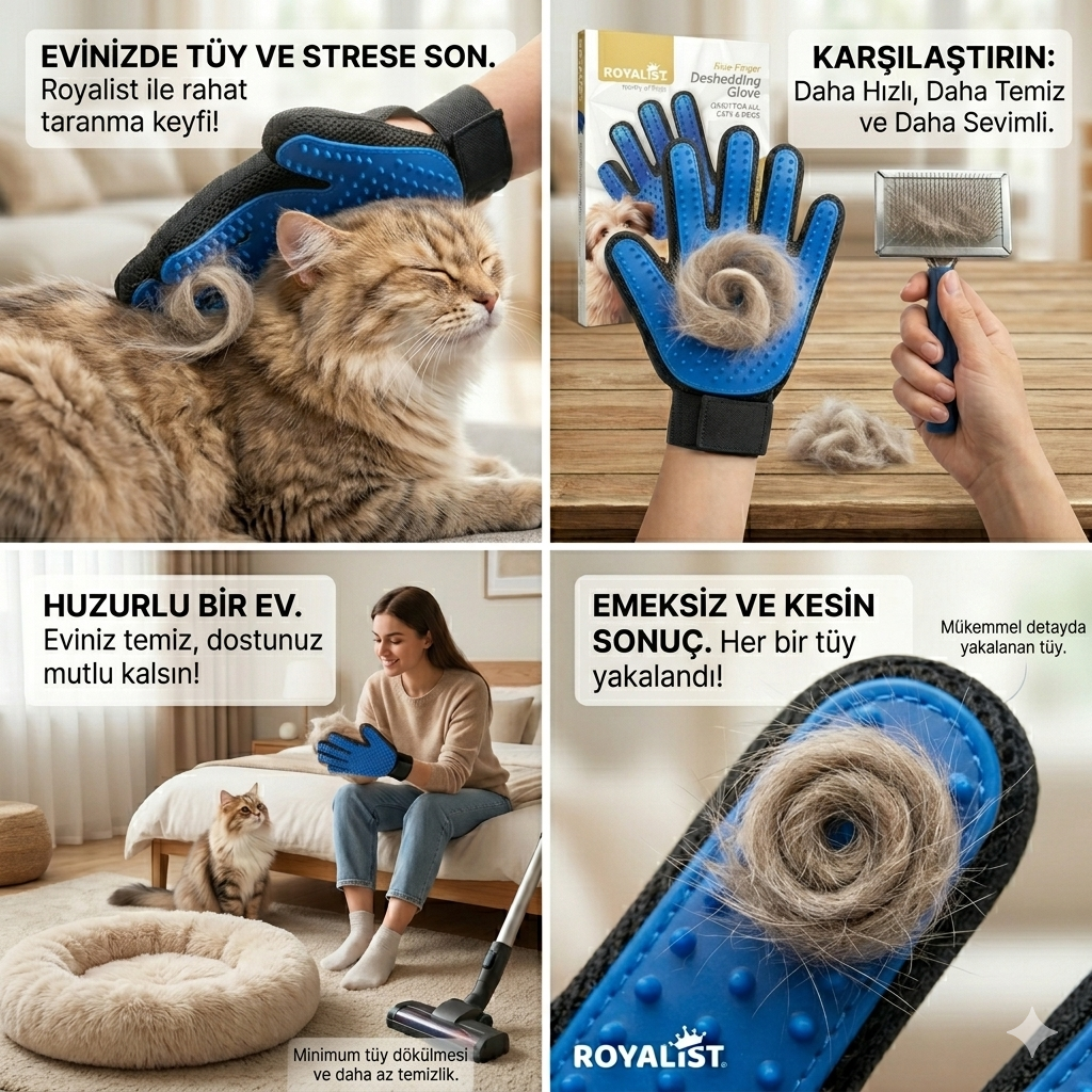 Royalist Tüy Toplama Eldiveni – Kedi & Köpek Tüy Temizleme ve Tarama Eldiveni (Pratik & Yeniden Kullanılabilir)